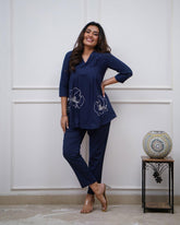 Navy Blue Floral Embrodery Pleated Kurta Set